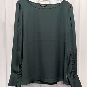 Silky forrest green button cuffed blouse with puff sleeve